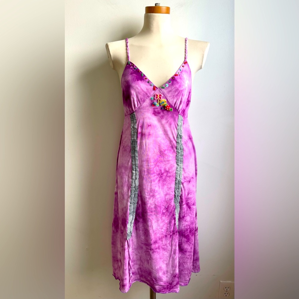NWT Forla Paris Purple Beaded Dress Tie Dye Summer Crochet Ribbon Boho Large